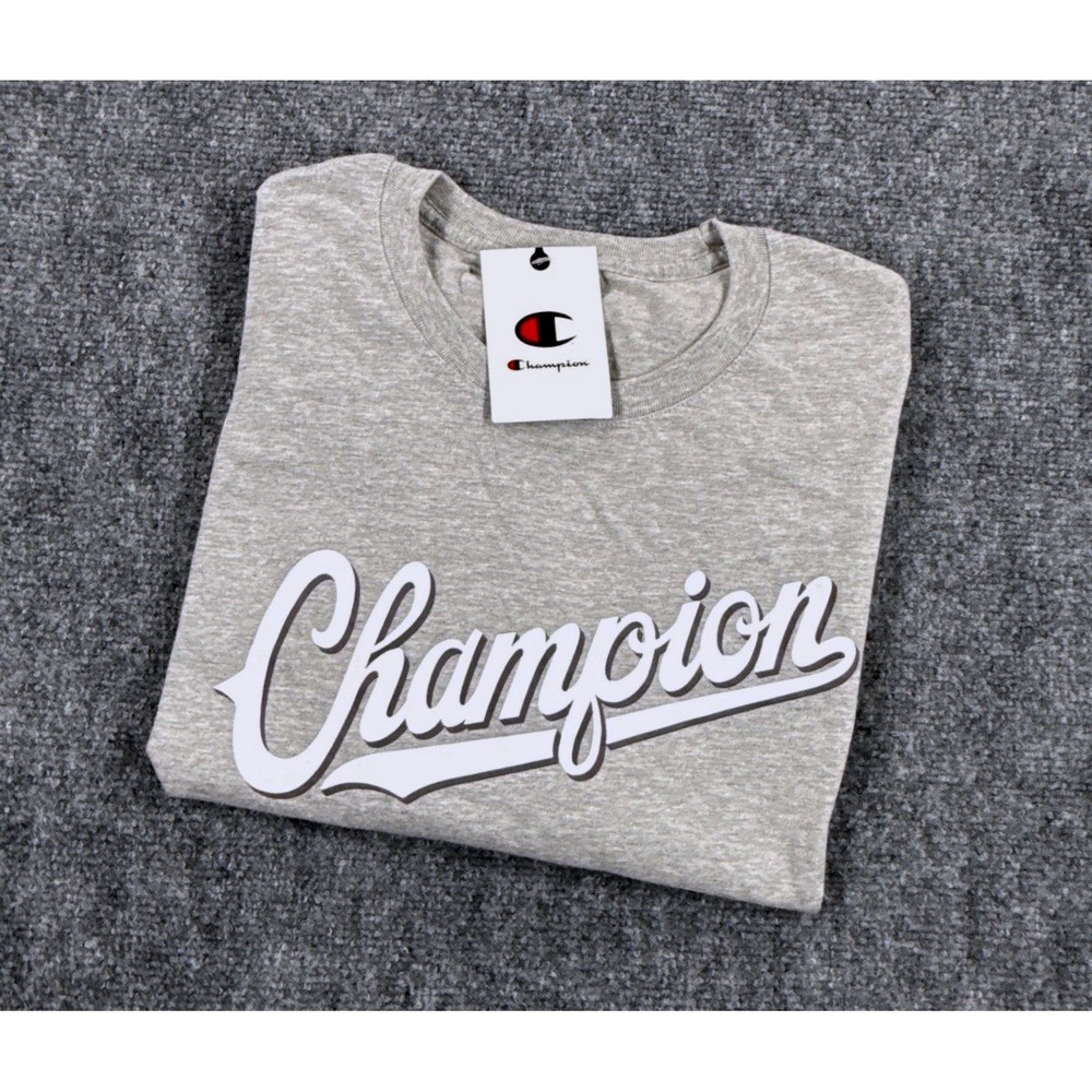 Champion Mens XL Gray Script Logo Graphic Short Sleeve T Shirt NWT